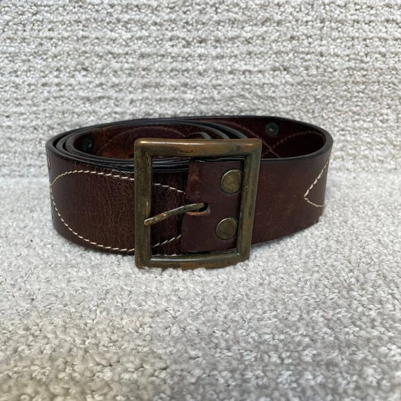 Vintage Brown Leather Stitching Accented Brass Buckle Patina Western Belt - Picture 1 of 7